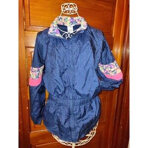 Sz L Vintage Moving Comfort Windbreaker Jacket Full Zip Pockets Blue Pink Floral